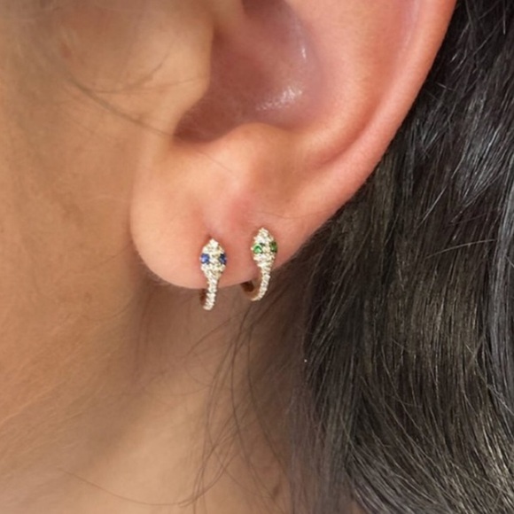 SOLD! 14K Diamond Emerald Snake Eyes Huggie Hoop Earrings - Solid Yellow Gold - Picture 6 of 7
